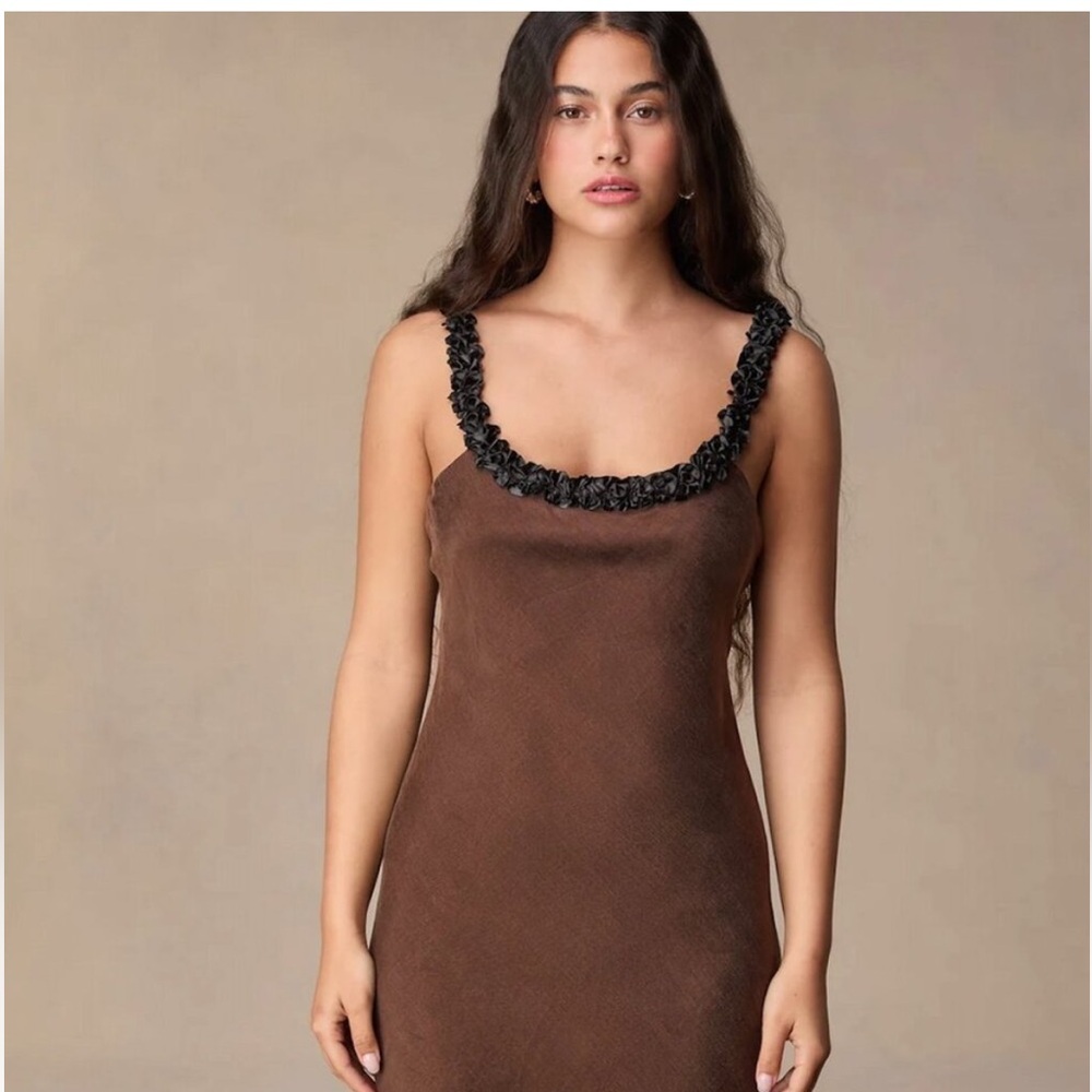 Rouje Bertille dress chocolate brown black floral neckline bias cut sz 36 small